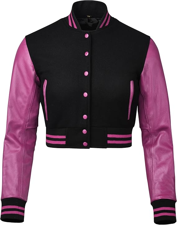 817h1XXsDAL._AC_SX569_.jpg Cropped Varsity Jacket Women - Premium Quality Leather and Wool Baseball Letterman Jacket for Women's, Long Sleeve - Image 1