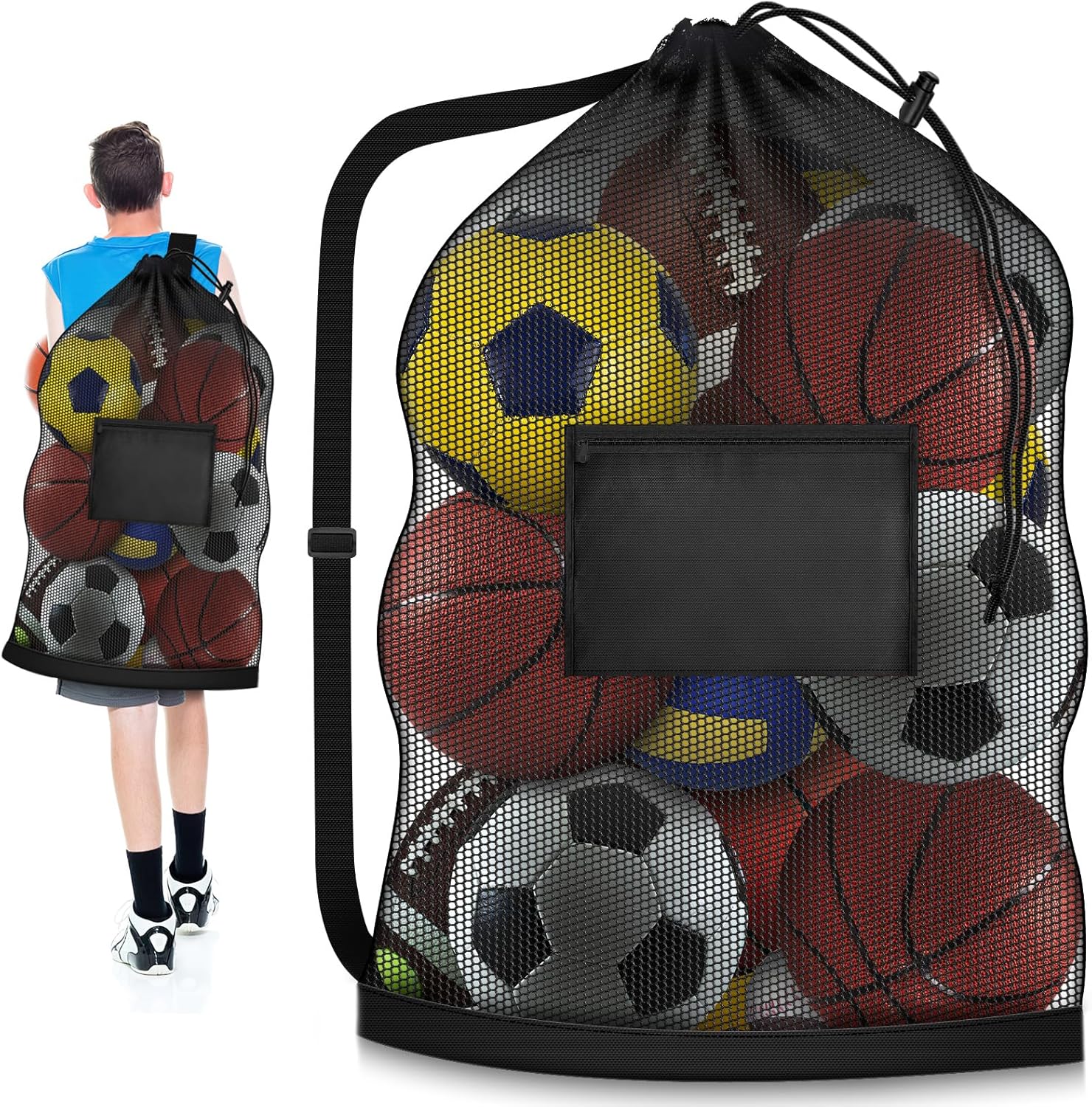 81h7SABb1qL._AC_SL1500_.jpg Extra Large Soccer Ball Bag, 40" x 30" Drawstring Mesh Ball Bag with Pocket - Image 1
