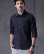 Navy Blue Slim Fit Solid Casual Denim Shirt