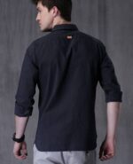 Navy Blue Slim Fit Solid Casual Denim Shirt - Image 3